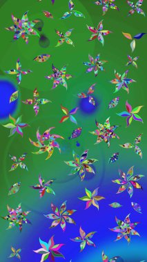 Klasik çiçekler. El çizimi, soyut ve süslü elementler. Yaz çiçekleri teması. Yeşil ve mavi renkler. Suluboya resim taklit Raster illüstrasyonu.