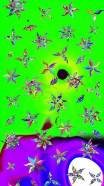 Raster illüstrasyonundaki çiçek desenli çizim. Yeşil ve mor renkte çiçekler.