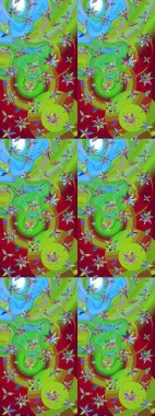 Çok yeşil ve kırmızı zarif küçük çiçekler ve yeşil ve kırmızı renkli komik böcekler, raster desen, illüstrasyon.