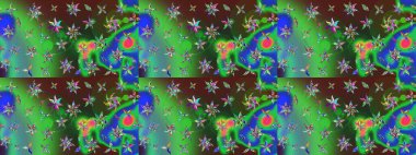 Ağaç dallı bahar çiçekli desen, çiçek siluetiyle yeşil ve mavi renkler. Raster deseni.