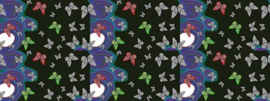 Kelebekli parlak eskiz deseni. Gri ve mavi renkli resim. Raster illüstrasyonu. Moda Kumaşı Tasarımı.