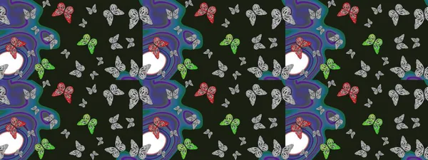 Kelebekli parlak eskiz deseni. Gri ve mavi renkli resim. Raster illüstrasyonu. Moda Kumaşı Tasarımı.