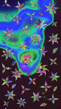 Vadinin çiçekleri kahverengi ve mavi renklerde. Soyut etnik raster çizim kalıbı. Çiçekler..