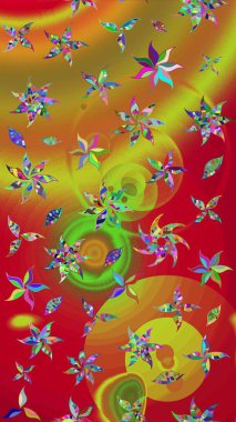 Çiçekler kırmızı ve yeşil renklerde. Raster illüstrasyonu. Çiçek süslemeli çizim deseni.