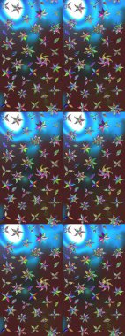 El çizimi çiçekli soyut çizim kalıbı. Raster illüstrasyonu. Kahverengi ve mavi renkte çiçekler.