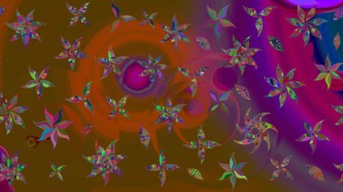 Raster illüstrasyonundaki çiçek desenli çizim. Kahverengi ve mor renkli çiçekler. Renkli Bahar Teması eskiz kalıbı. Düz Çiçek Elementleri Tasarımı.