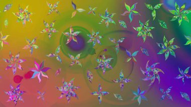 Çiçek desenli çizim. Raster illüstrasyonu. Asya tekstil tarzında. Yeşil ve kahverengi renkli çiçekler. Raster illüstrasyonu.