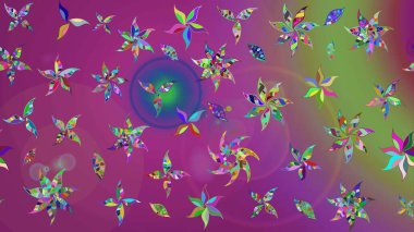 Sevimli çiçek raster deseni. Mor ve yeşil renkli çiçekler. Renkli Bahar Teması eskiz kalıbı. Düz Çiçek Elementleri Tasarımı.