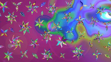 Mor ve mavi renkte zarif çiçekli suluboya. Renkli Bahar Teması eskiz kalıbı. Düz Çiçek Elementleri Tasarımı. Raster illüstrasyonu.