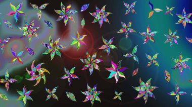 Mavi ve gri renkli bitkilerden oluşan parlak çiçekli çizim deseni.