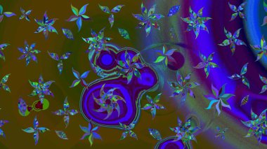 Raster Illustrasyon 'daki Çiçek Deseni' nin son moda çizimi. Kahverengi ve mavi renkli çiçekler. Renkli Yaz Temalı eskiz kalıbı. Düz Çiçek Elementleri Tasarımı.