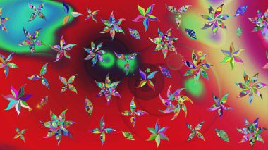 Raster illüstrasyonundaki çiçek desenli çizim. Kırmızı ve yeşil renkte çiçekler.