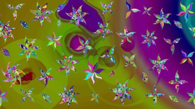 Çiçek ve yapraklı karalama şeklinde Raster çiçek deseni. Yumuşak, yeşil ve kahverengi renklerde bahar çiçekleri. Raster illüstrasyonu.