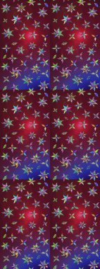 Çiçek desenli çizim. Renkli Bahar Teması eskiz kalıbı. Asya tekstil tarzında. Düz Çiçek Elementleri Tasarımı. Mor ve kırmızı renkte çiçekler. Raster illüstrasyonu.