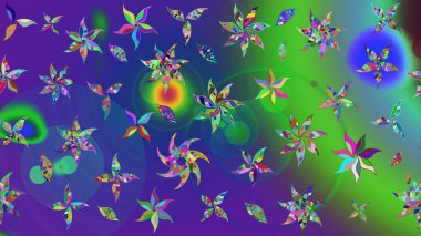 Mavi ve yeşil renkli çiçekler. Raster illüstrasyonundaki çiçek desenli çizim. Renkli Bahar Teması eskiz kalıbı. Düz Çiçek Elementleri Tasarımı.