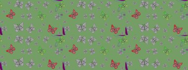 Sevimli kelebekler. Raster geleneksel halk güzel dekor yeşil ve gri arka plan giyim tasarımı için.