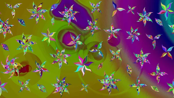 Çiçek ve yapraklı karalama şeklinde Raster çiçek deseni. Yumuşak, yeşil ve kahverengi renklerde bahar çiçekleri. Raster illüstrasyonu.