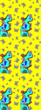 Giysi tasarımı için dekorasyon. Sevimli kelebek sarısı ve gri raster desenli. Çizim.