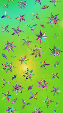 Parlak renkli fantezi çiçekleri, yapraklar yeşil ve sarı renkli tomurcuklar. Suluboya el çizimi elementli çiçek çizimi deseni.