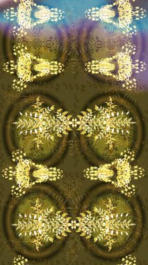 Renkli arka planda izole kar taneleri. Raster illüstrasyonu. Kar taneleri radyal altın renkler.