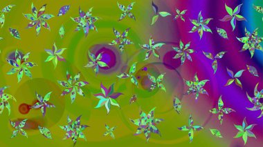 Varicologreen ve mor raster çizimi. Bir sürü yeşil ve mor soyut çiçekli tropik eskiz deseni. Küçük çiçekte sevimli çiçek deseni var..