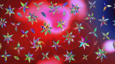 Parlak renkli çiçekleri olan ve kırmızı ve pembe renkli yaprakları olan harika bir çiçek deseni. Moda baskıları için zarif bir şablon. Modern çiçek arkaplanı. Halk stili.