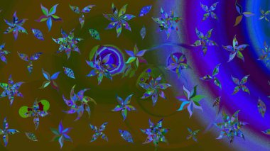 Raster illüstrasyonundaki çiçek desenli çizim. Kahverengi ve mavi renkli çiçekler. Renkli Bahar Teması eskiz kalıbı. Düz Çiçek Elementleri Tasarımı.