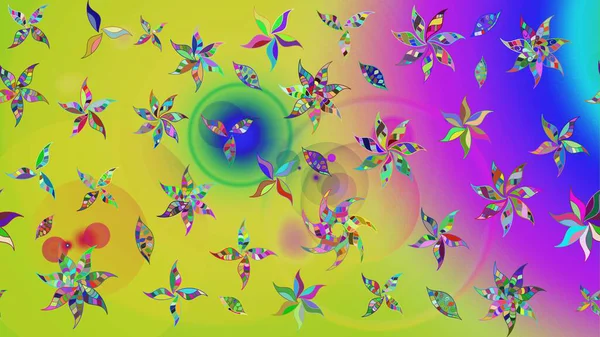 Raster illüstrasyonu. El çizimi çiçekli soyut çizim kalıbı. Sarı ve yeşil renkte çiçekler.