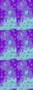 Mor ve mavi renklerde. Raster illüstrasyonu. Güzel kumaş deseni. Raster illüstrasyonunda çiçek deseni çizimi.