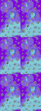 Mor ve mavi renklerde. Raster illüstrasyonu. Güzel kumaş deseni. Raster illüstrasyonunda çiçek deseni çizimi.