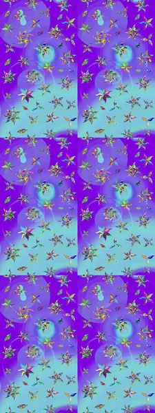 Mor ve mavi renklerde. Raster illüstrasyonu. Güzel kumaş deseni. Raster illüstrasyonunda çiçek deseni çizimi.