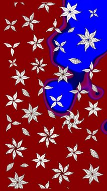 Raster illüstrasyonu. Şirin karalamalı çiçek desenli çizim. Robot resim tarzı kırmızı ve mavi renkler. El yapımı çiçek ve bitki koleksiyonu. Raster illüstrasyonu.