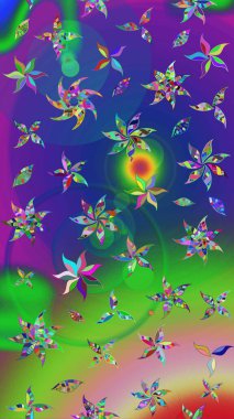 Raster illüstrasyonundaki çiçek desenli çizim. Raster illüstrasyonu. Güzel kumaş deseni. Yeşil ve mavi renklerde.