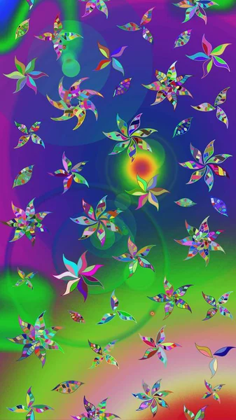 Raster illüstrasyonundaki çiçek desenli çizim. Raster illüstrasyonu. Güzel kumaş deseni. Yeşil ve mavi renklerde.