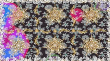 Çizgi sanatı tasarım şablonu için kusursuz sınır. Gri ve nötr renklerde altın element. Doğu tarzı element. Altın desenli çiçek dekoru. Davetiyeler, kartlar, web sayfası için Raster illüstrasyonu.