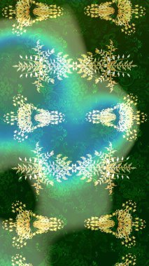 Soyut duvar kâğıdı, ambalaj dekorasyonu. Kışın sembolü, mutlu noeller, mutlu yeni yıl kutlaması Raster illüstrasyonu. Yeşil, mavi ve nötr renklerde şirin kar taneleri. Kar tanesi kadar basit..