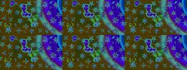 Patlayan çiçekler soyut olarak yerleştirilmiş. Raster deseni. Yumuşak, bahar çiçekleri kahverengi ve mavi renklerde. Raster illüstrasyonu.