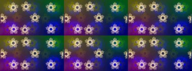 Mavi, yeşil ve mor renkte kar tanelerinden oluşan kış deseni. Raster illüstrasyonu. Kış konsepti Düz yatıyordu.