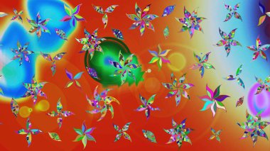 Turuncu ve mavi renkli çiçekler. Renkli Bahar Teması eskiz kalıbı. Düz Çiçek Elementleri Tasarımı. Raster illüstrasyonunda çiçek deseni çizimi.