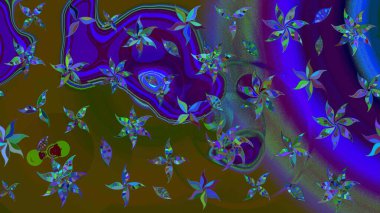 Raster düz çiçek çizim deseni. Hediye ambalaj kağıdı, tebrik kartları, posterler ve pankart tasarımı. Kahverengi ve mavi renkte çiçekler.