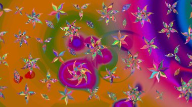 Elle boyanmış suluboya resim çizimleri, çiçekler ve bitkiler. Turuncu ve mor renkte çiçekler.