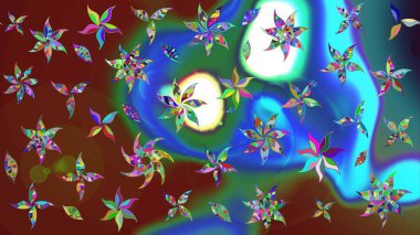 Çiçekli karalama şeklinde Raster çiçek deseni. Yumuşak, bahar çiçekli arka plan. Mavi ve kırmızı renkte çiçekler.