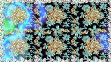 Raster oryantal süs. Kusursuz altın desen. Tarafsız ve mavi renklerde altın elementlerle kusursuz desen.