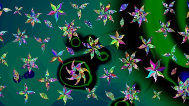 Renkli Bahar Teması eskiz kalıbı. Raster illüstrasyonu. Asya tekstil tarzında. Düz Çiçek Elementleri Tasarımı. Çiçek desenli çizim. Yeşil ve mavi renkte çiçekler.