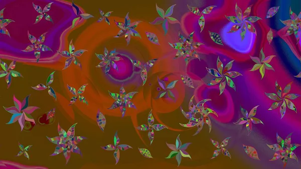 Çiçekli karalama şeklinde Raster çiçek deseni. Nazik, sevimli çiçek arkaplanı. Kahverengi ve mor renkte çiçekler.