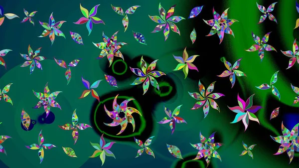 Renkli Bahar Teması eskiz kalıbı. Raster illüstrasyonu. Asya tekstil tarzında. Düz Çiçek Elementleri Tasarımı. Çiçek desenli çizim. Yeşil ve mavi renkte çiçekler.