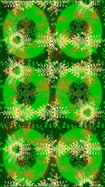 Yüzey için tekrarlanan doku, ambalaj kağıdı, yeşil, sarı ve nötr renkler üzerine kar tanesi. Kış kar taneleri, raster arka plan.