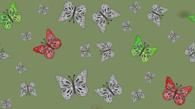 Tarafsız renklerde Raster Arkaplanı. Güzel Kelebek Siluetleriyle Moda Dekorasyonu. Renkli Kelebeklerle Bahar Arkaplanı. Kart, Davetiye, Yazdırma İçin Şirin Kadınsı Desen.