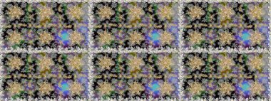 Altın karalama fantezi yapraklarından Raster soyut çiçek çelengi ve gri ve nötr renklerde çiçek. El yapımı dekoratif çerçeve, albüm kapağı, tebrik kartı, klasik Art deco tarzı.