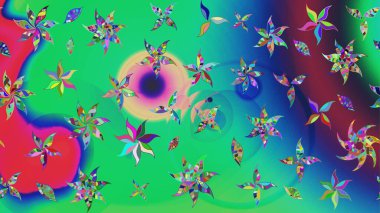 Raster - stok. Yapraklı çiçekler ve yeşil ve mavi renkli papatya çiçekleri. Taslak arkaplan deseni.